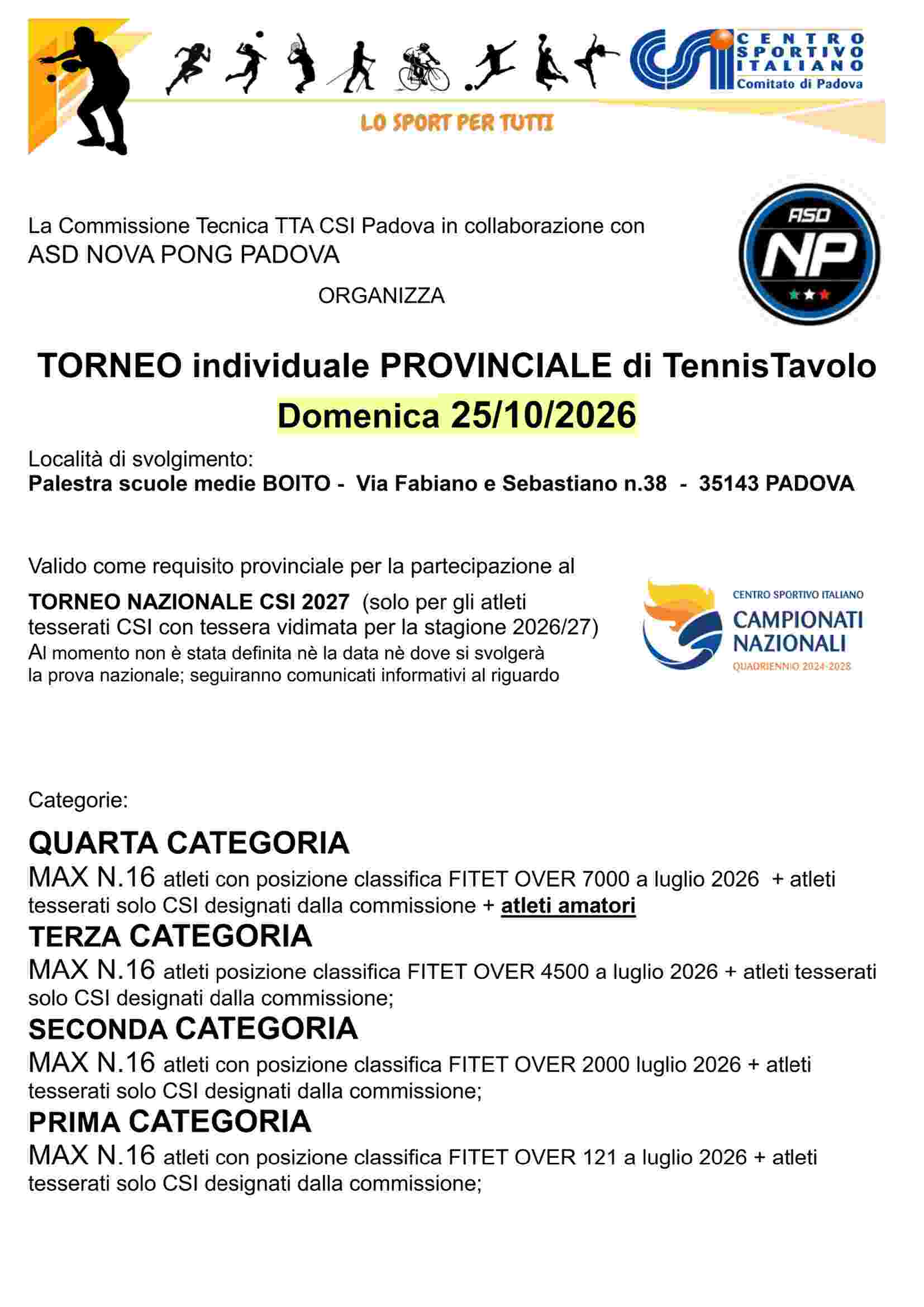 Locandina Torneo Individuale Provinciale di TennisTavolo Padova 25 Ottobre 2026